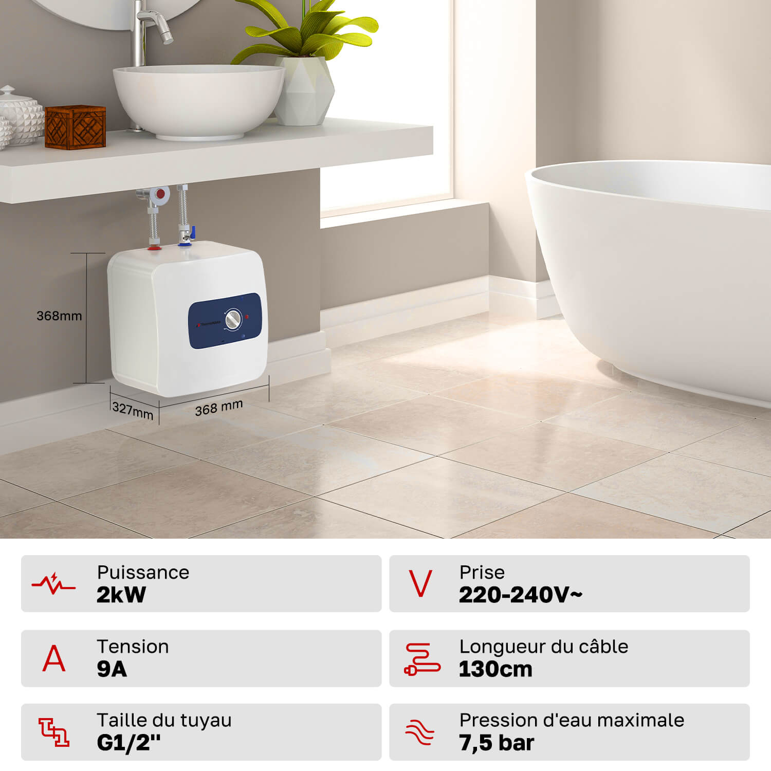 Untertischboiler 15L | 2000W mit Stecker | Druckfester Warmwasserspeicher für Küche & Bad