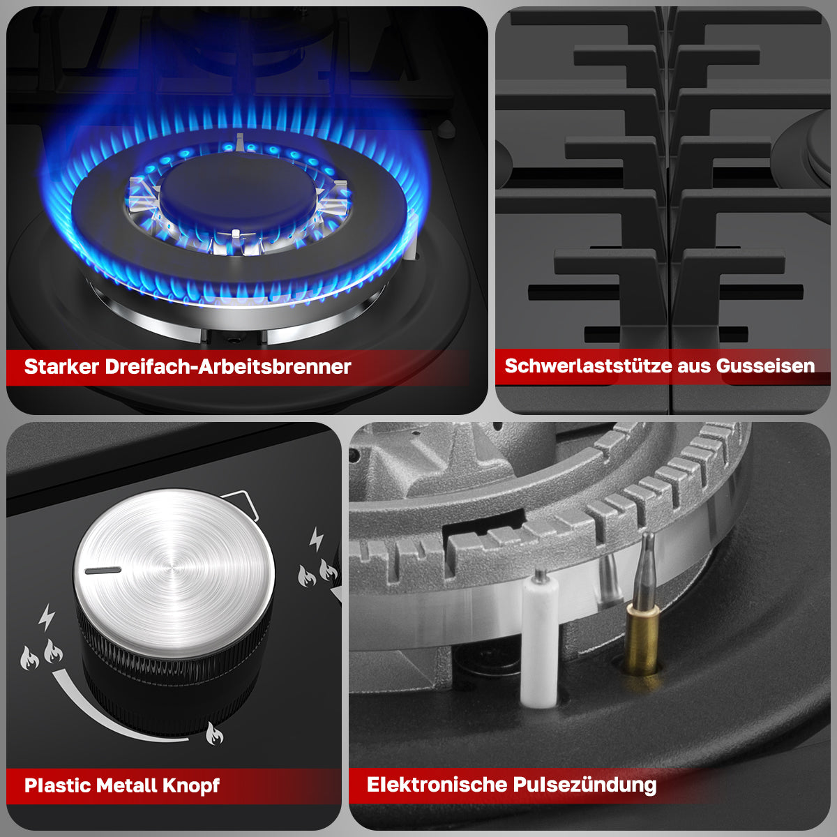 Plaque de cuisson à gaz encastrable à 4 feux - Verre noir