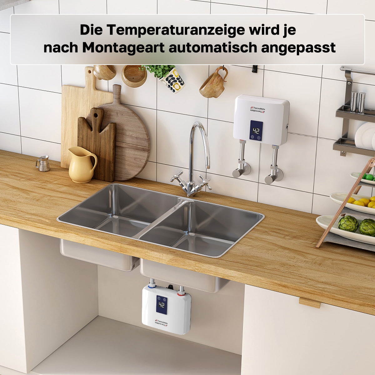 Die Temperaturanzeige wird jenach Montageart automatisch angepasst