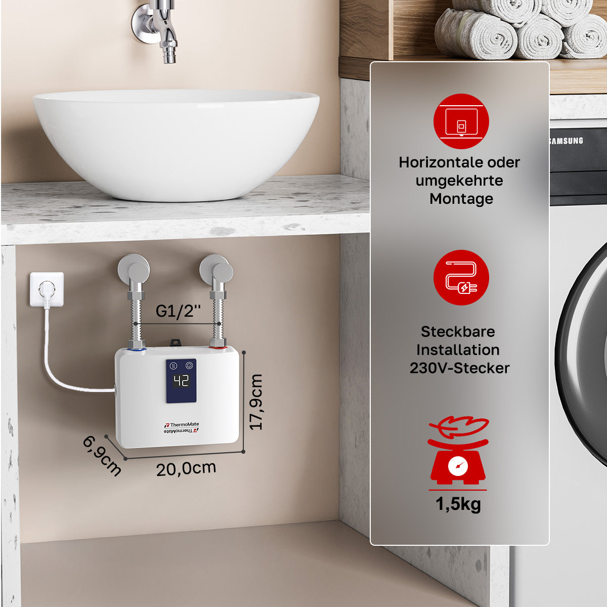 Mini Tankloser elektrischer Durchlauferhitzer mit Stecker – Größe