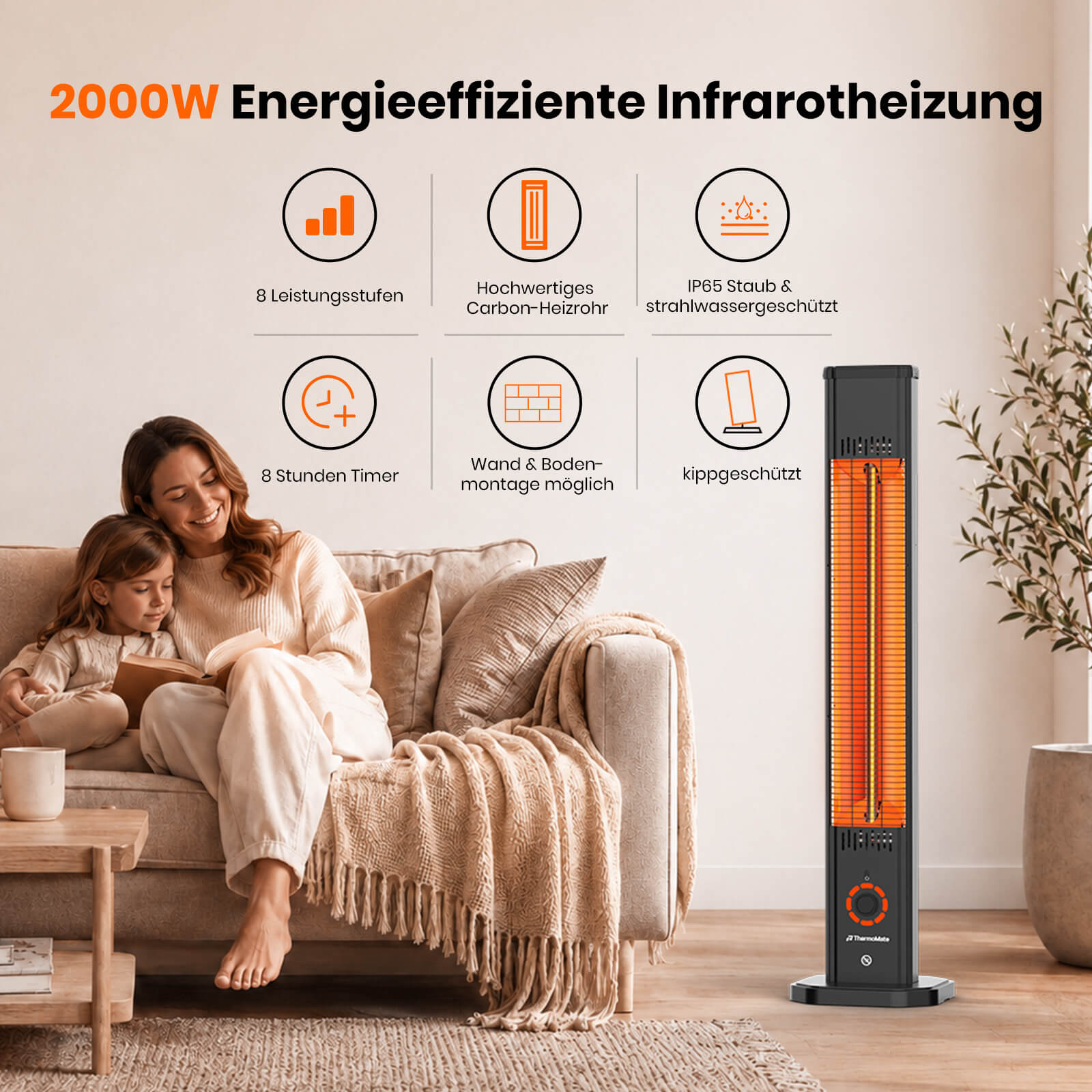 ThermoMate 2000W Carbon-Infrarot-Heizstrahler mit 8 Heizstufen, 8-Stunden-Timer, IP65 und 2-in-1 Montage