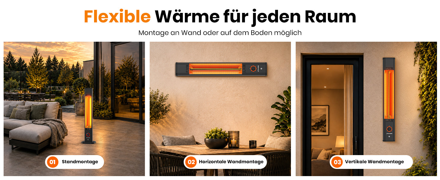 ThermoMate 2000W Infrarot-Heizstrahler mit Standmontage sowie horizontaler und vertikaler Wandmontage für Terrasse und Balkon