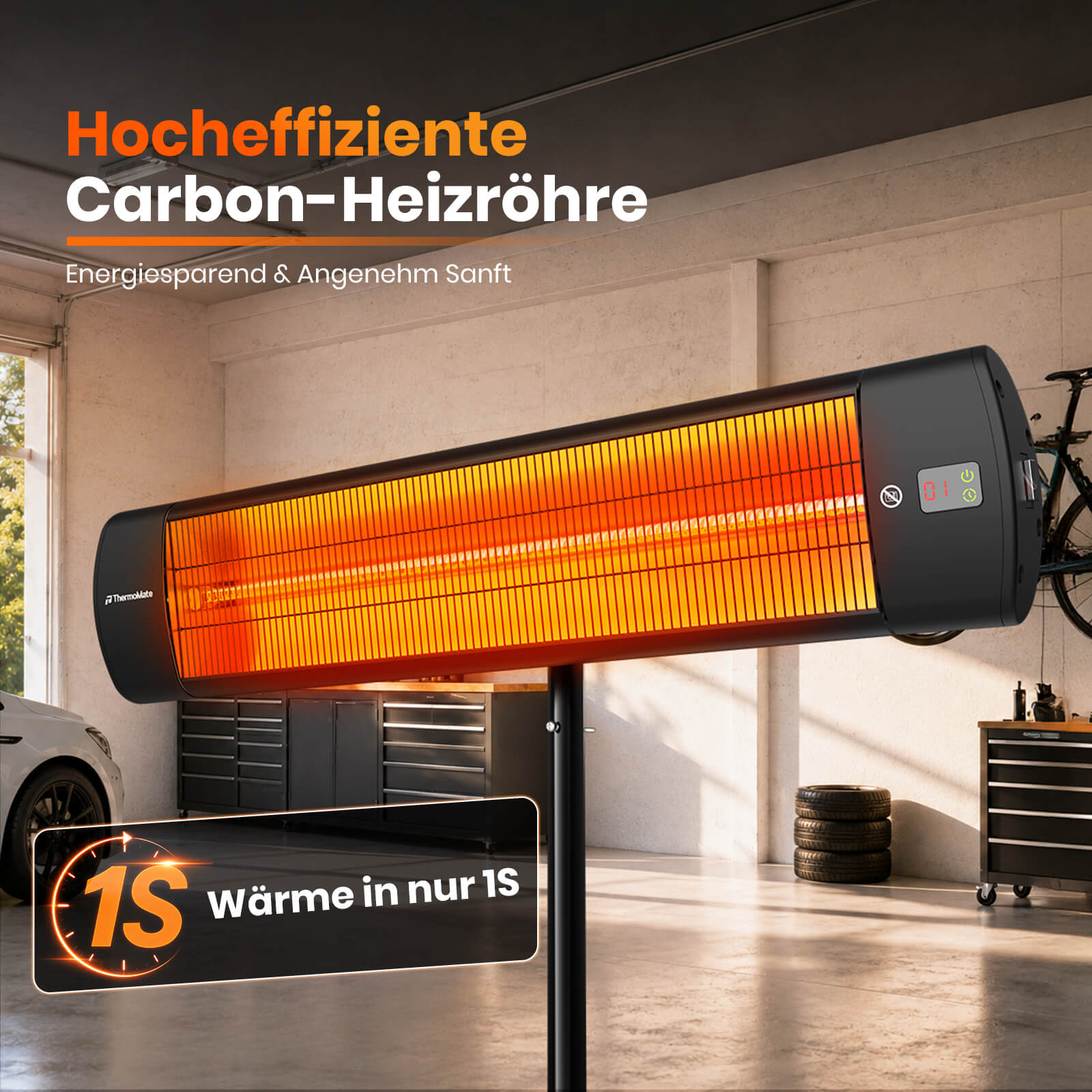 ThermoMate 2500W Carbon Infrarot Heizstrahler mit schneller Wärmeentwicklung für Terrasse, Garage und Außenbereich