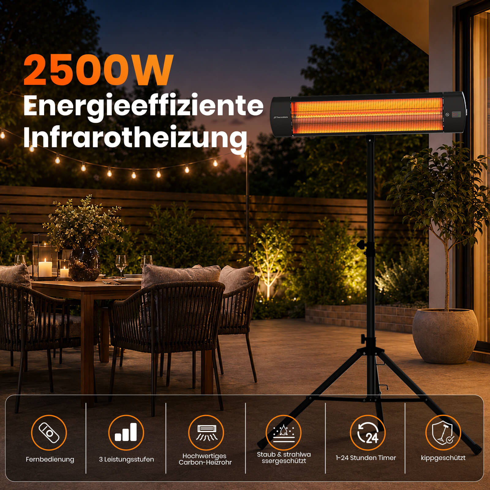 ThermoMate 2500W Infrarot Terrassenheizstrahler mit Carbon-Heizrohr, 3 Heizstufen, Timer und Fernbedienung