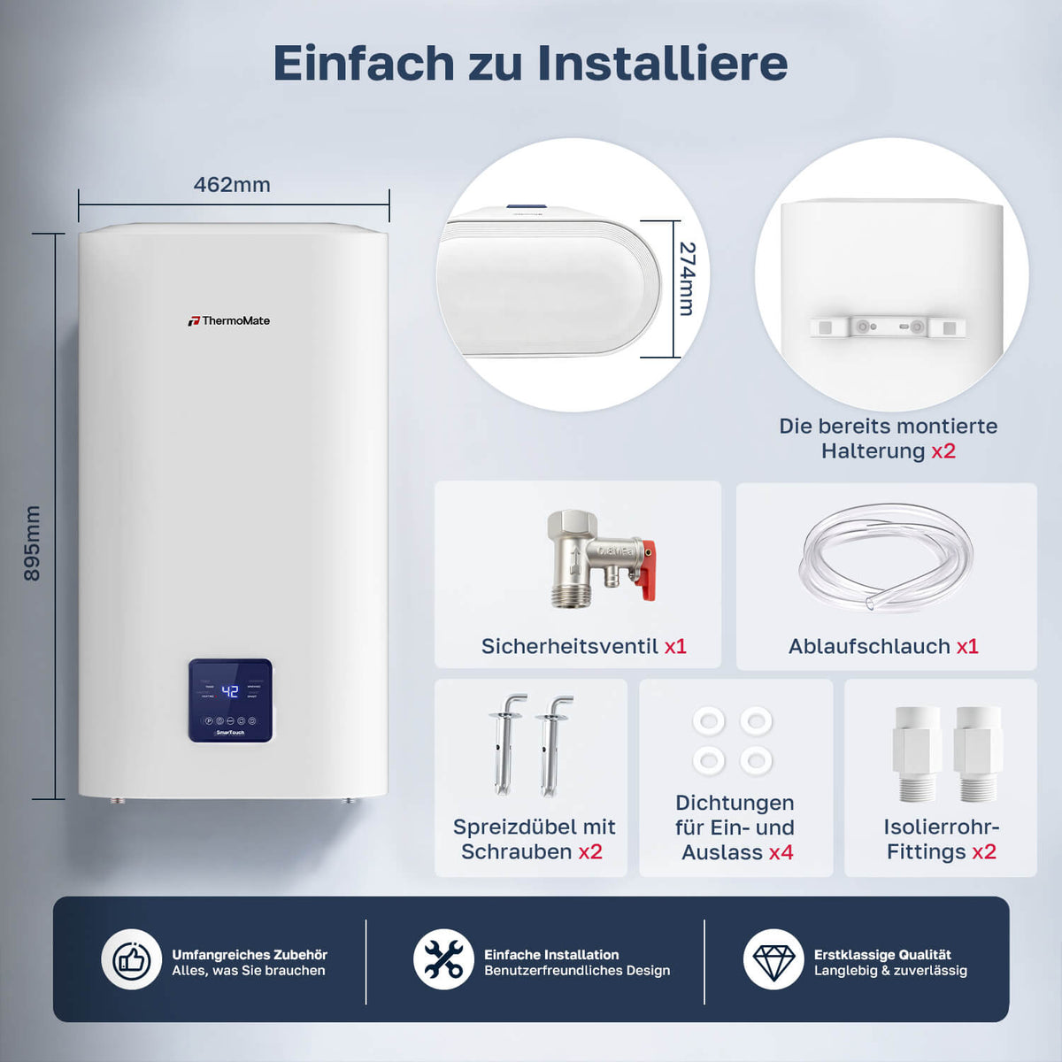 ThermoMate 50L Warmwasserspeicher mit Abmessungen 895 × 462 × 274 mm und Montagezubehör