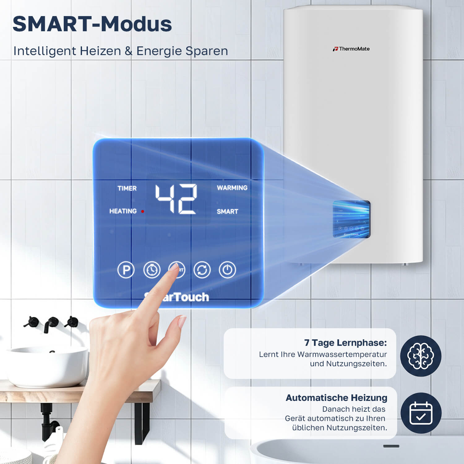 ThermoMate 50L Warmwasserspeicher mit SMART-Modus und automatischer Anpassung an Nutzungszeiten