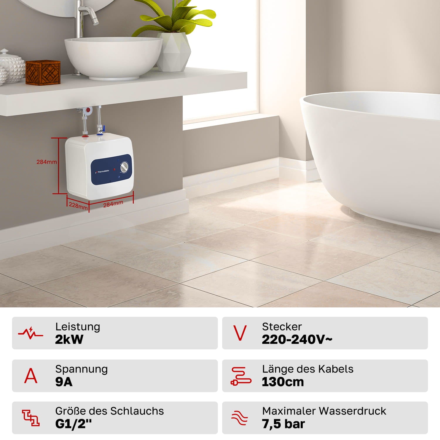 ThermoMate ES05DE 5 Liter Untertischboiler im Badezimmer mit 2 kW Leistung, 220–240V Stecker, G1/2 Anschluss und kompakten Maßen