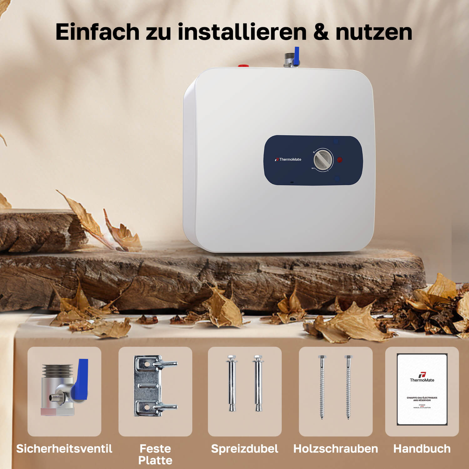 ThermoMate ES30DE Untertischboiler mit Sicherheitsventil, Wandhalterung, Spreizdübeln, Holzschrauben und Handbuch