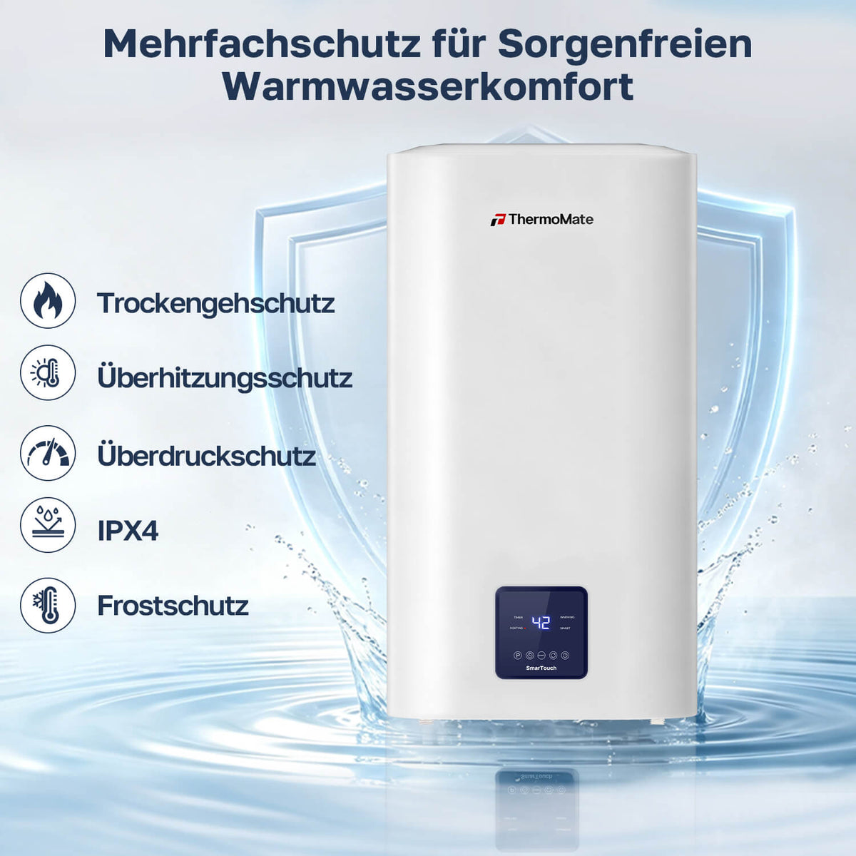 ThermoMate Elektro-Warmwasserspeicher mit IPX4, Trockenlauf-, Überhitzungs-, Überdruck- und Frostschutz