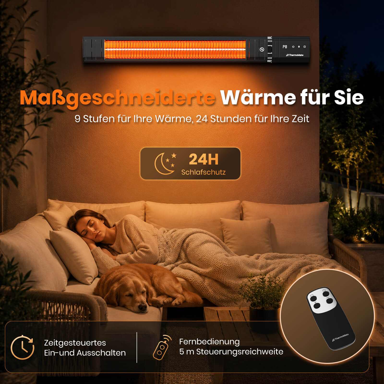 ThermoMate Outdoor Heizstrahler mit 24 Stunden Timer und Fernbedienung für komfortable Wärme auf der Terrasse