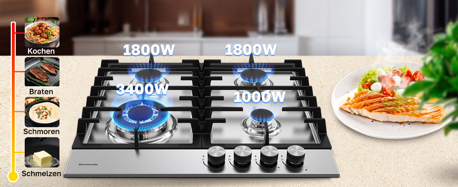 ThermoMate-60cm-Edelstahl-Gaskochfeldmit-4-Brennern-Ideal-zum-Schmelzen-Kochen-Braten-und-Garen-fur-alle-lhre-Kochbedurfnisse