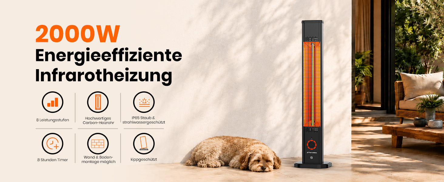 ThermoMate 2000W Carbon-Infrarot-Heizstrahler mit 8 Heizstufen, 8-Stunden-Timer, IP65 Schutz, Kippschutz und Wandmontage
