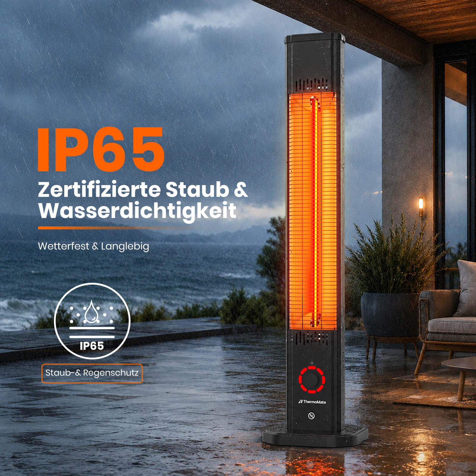 ThermoMate 2000W Infrarot-Heizstrahler mit IP65 Staub- und Strahlwasserschutz für Terrasse und Außenbereich