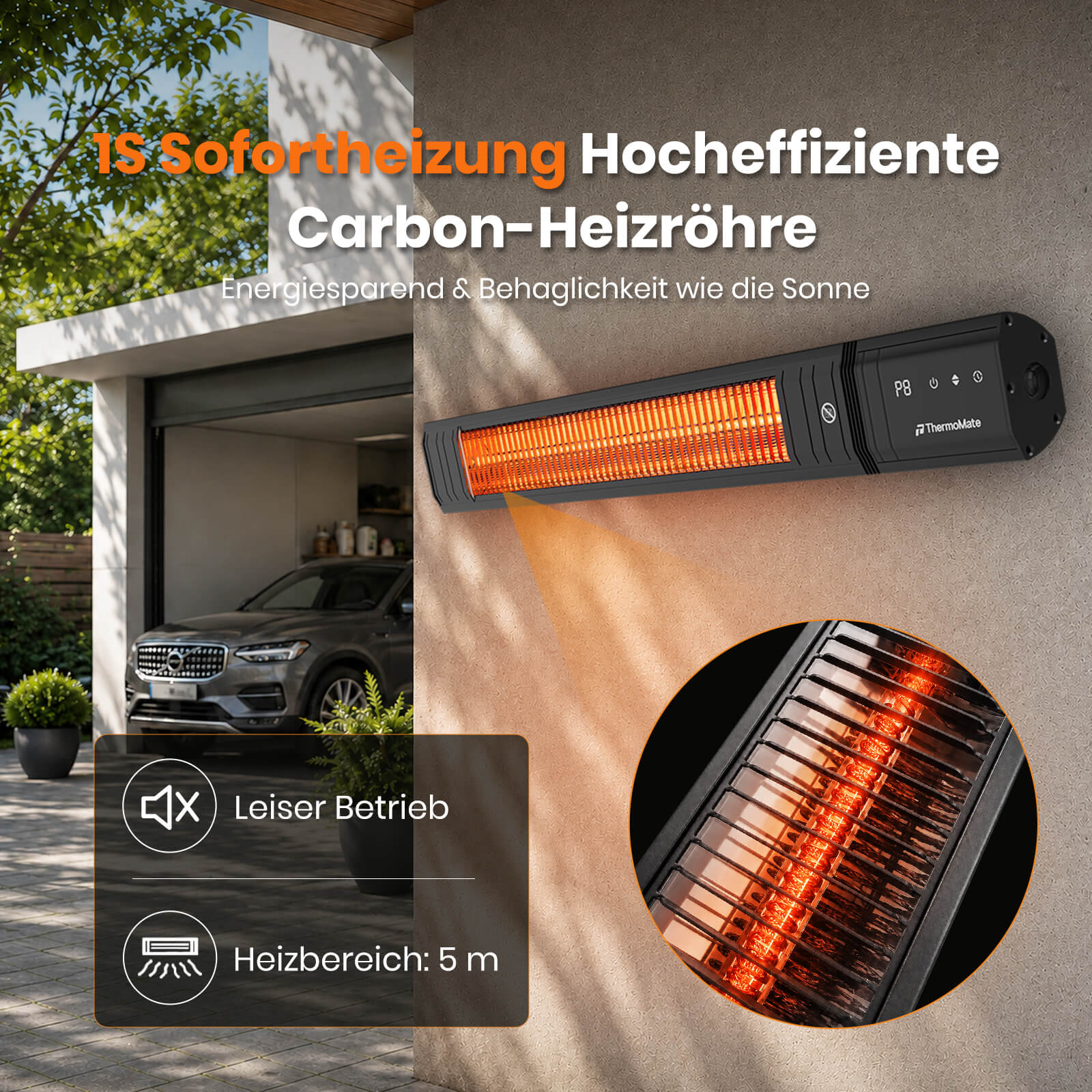 ThermoMate 2500W Carbon Infrarotstrahler mit Sofortwärme und gezielter Wärmeabgabe für Terrasse und Garage