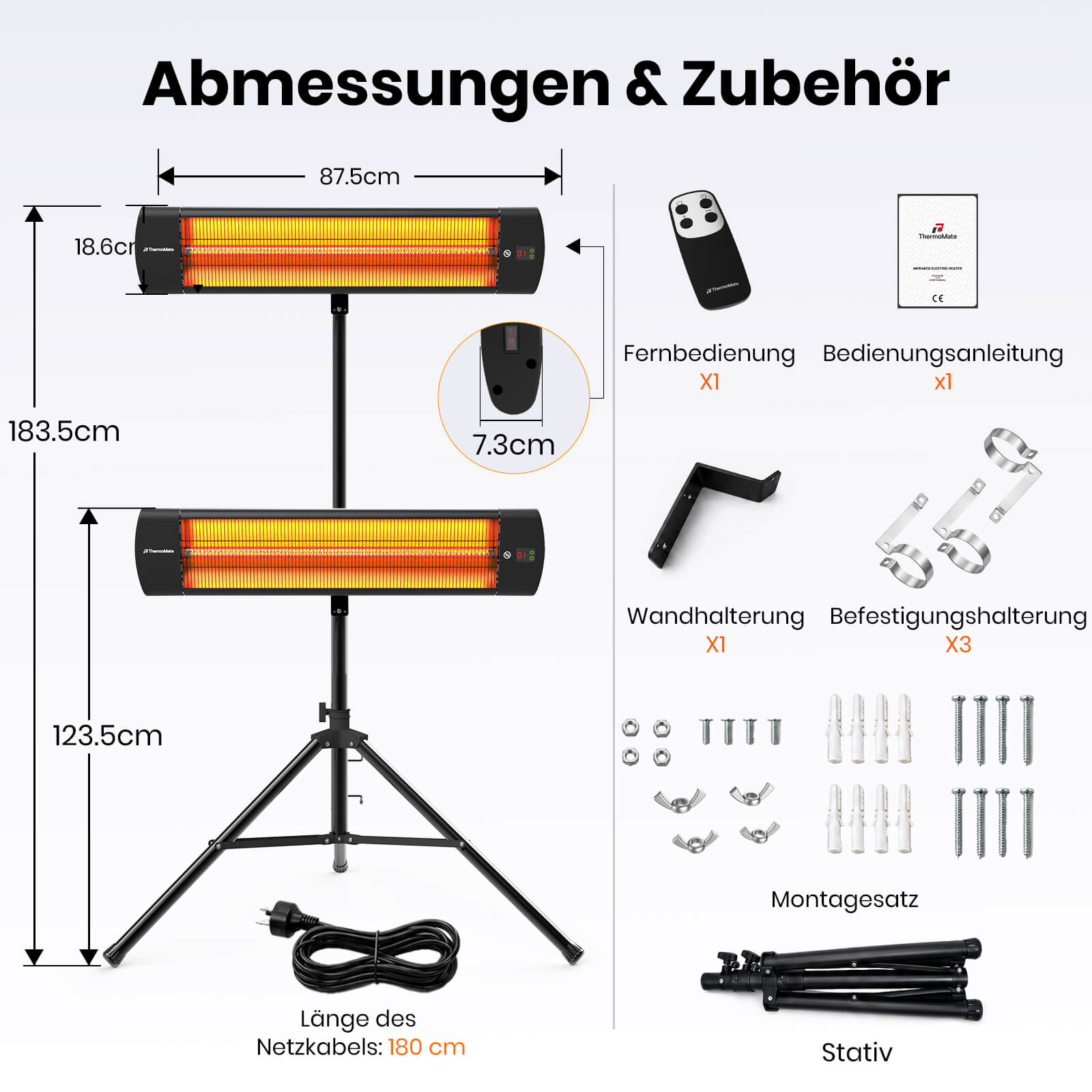 ThermoMate 2500W Infrarot Heizstrahler mit Ständer, Abmessungen, Fernbedienung, Wandhalterung und Montagezubehör