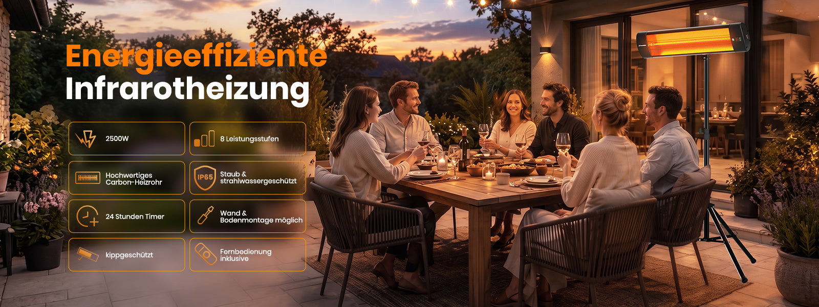 ThermoMate 2500W Infrarot Heizstrahler mit Ständer, Carbon-Heizrohr, IP65, Fernbedienung und 24-Stunden-Timer für Terrasse und Garten