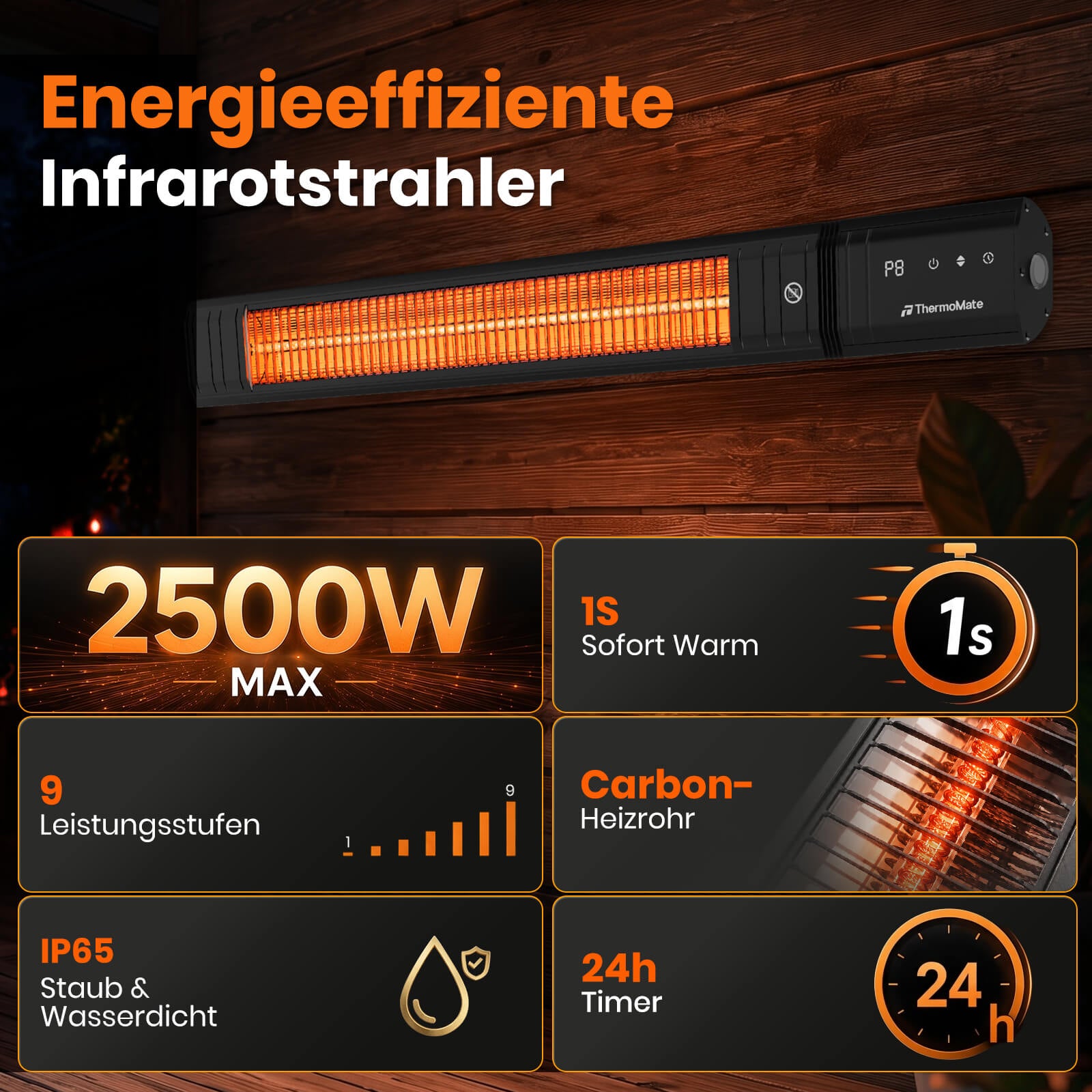 ThermoMate Carbon Infrarot Heizstrahler 2500W mit 9 Heizstufen, IP65 Schutz, 24H Timer und Sofortwärme