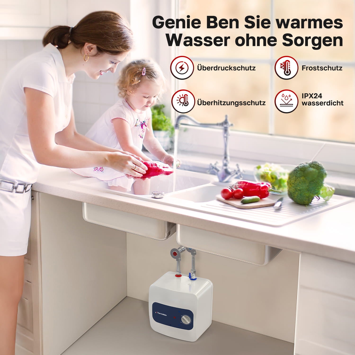 ThermoMate ES05DE 5 Liter Kleinspeicher für warmes Wasser in der Küche mit Überdruckschutz, Überhitzungsschutz, Frostschutz und IPX24-Schutz