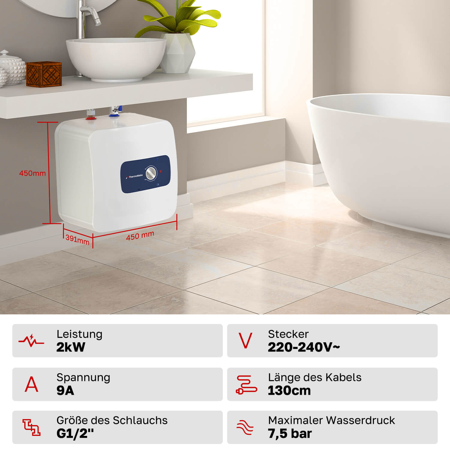 ThermoMate ES30DE 30 Liter Untertischboiler im Badezimmer mit 2000 W, 220–240 V Stecker und G1/2 Zoll Anschluss