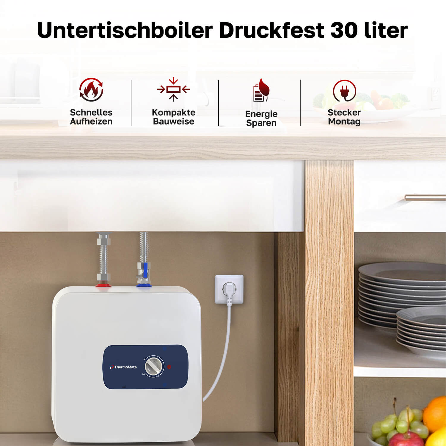 ThermoMate ES30DE 30 Liter Untertischboiler mit Stecker platzsparend unter der Küchenspüle montiert