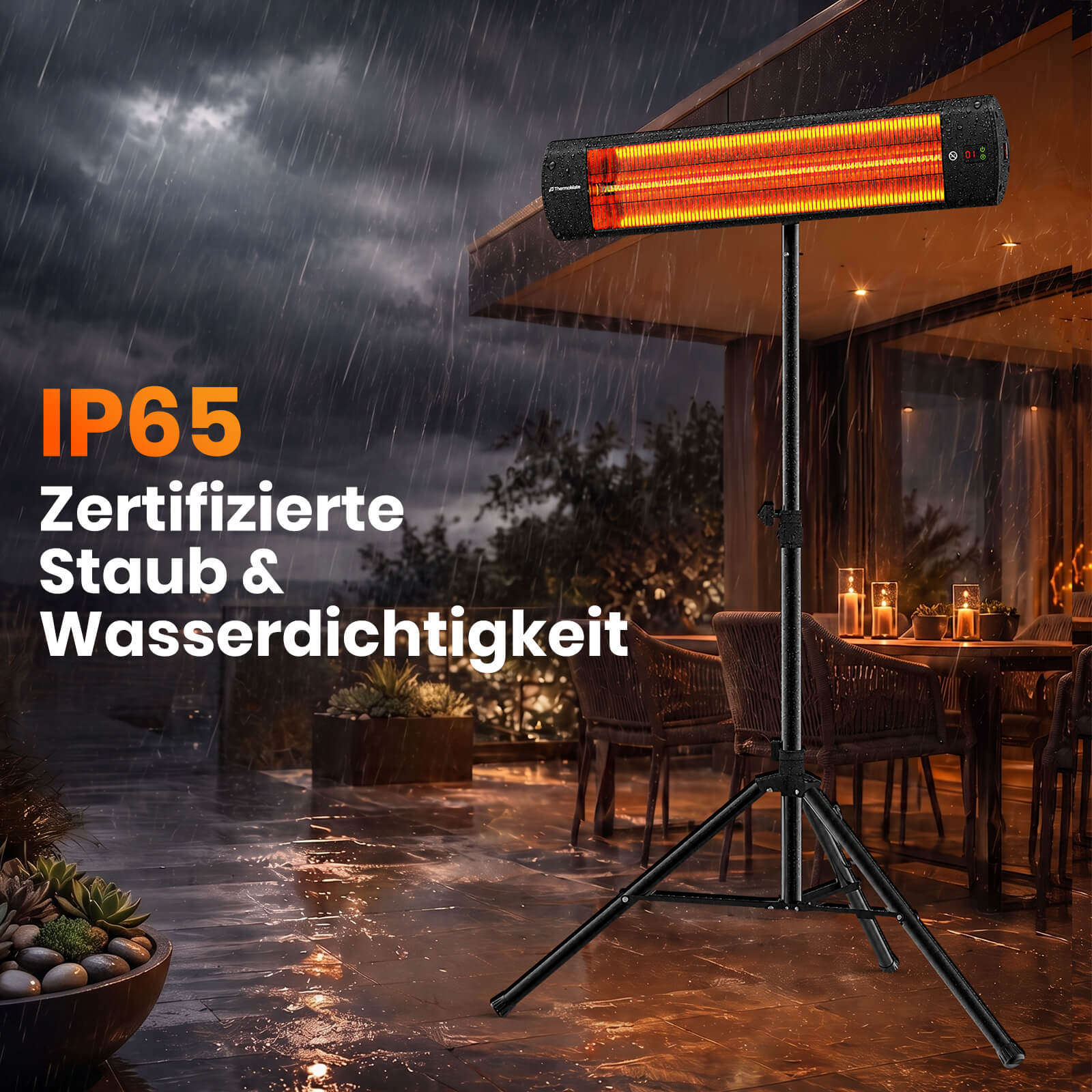 ThermoMate IP65 Infrarot Terrassenheizstrahler 2500W mit Ständer für den wettergeschützten Einsatz im Außenbereich