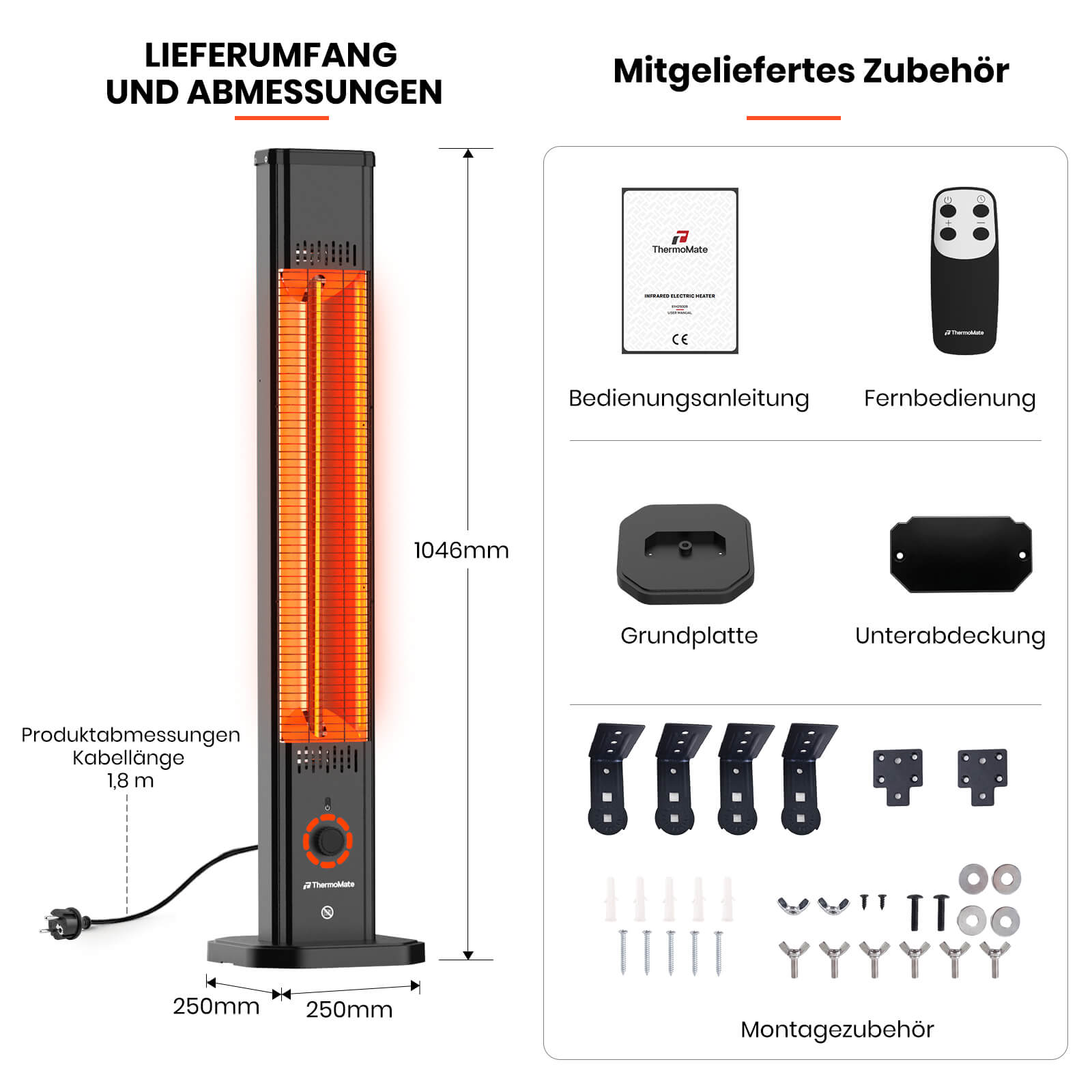 ThermoMate Infrarot-Heizstrahler 104,6 cm hoch mit Standfuß, Fernbedienung, Wandhalterung und Montagezubehör