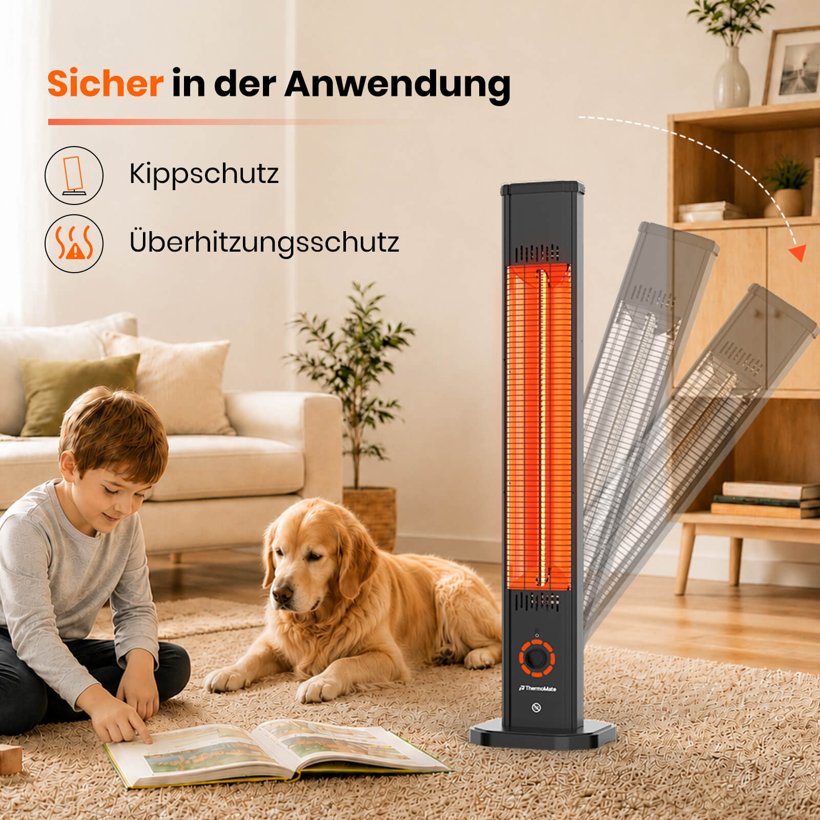 ThermoMate Infrarot-Heizstrahler mit Kippschutz und Überhitzungsschutz für einen sicheren Betrieb