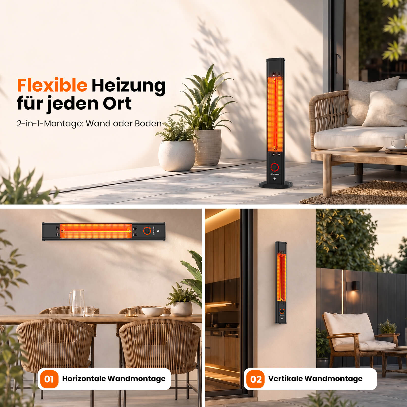 ThermoMate Infrarot-Heizstrahler mit Standfuß sowie horizontaler und vertikaler Wandmontage für Terrasse und Balkon