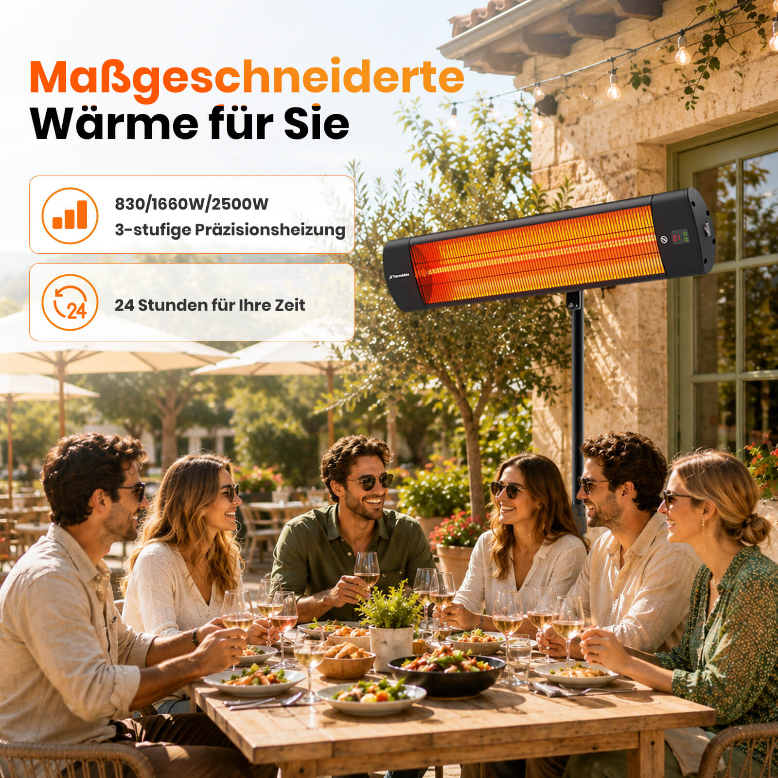 ThermoMate Infrarot Heizstrahler 2500W mit 3 Heizstufen 830W, 1660W und 2500W sowie 24-Stunden-Timer