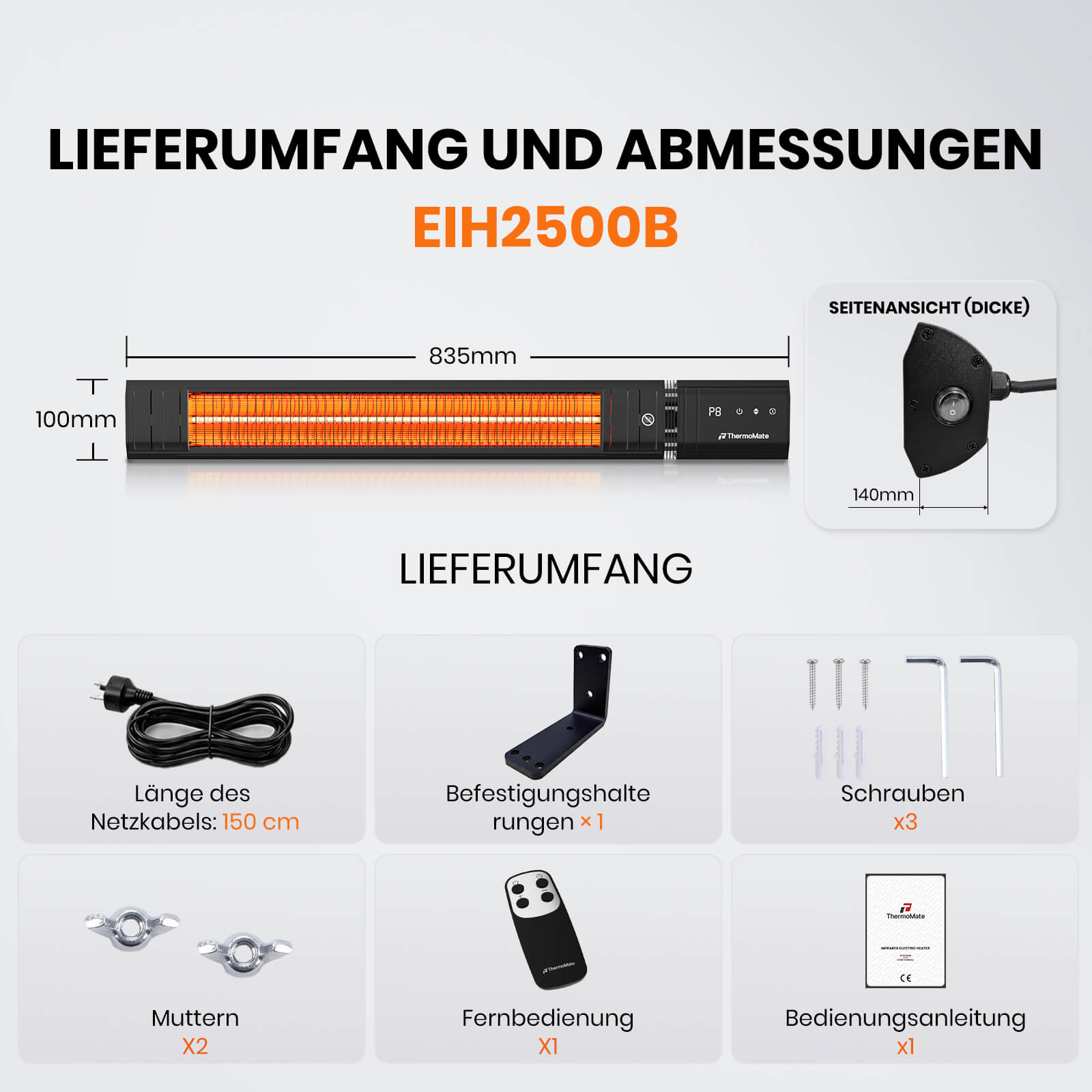 ThermoMate Infrarot Heizstrahler EIH2500B mit Abmessungen 835 x 140 x 100 mm, Fernbedienung und Montagematerial