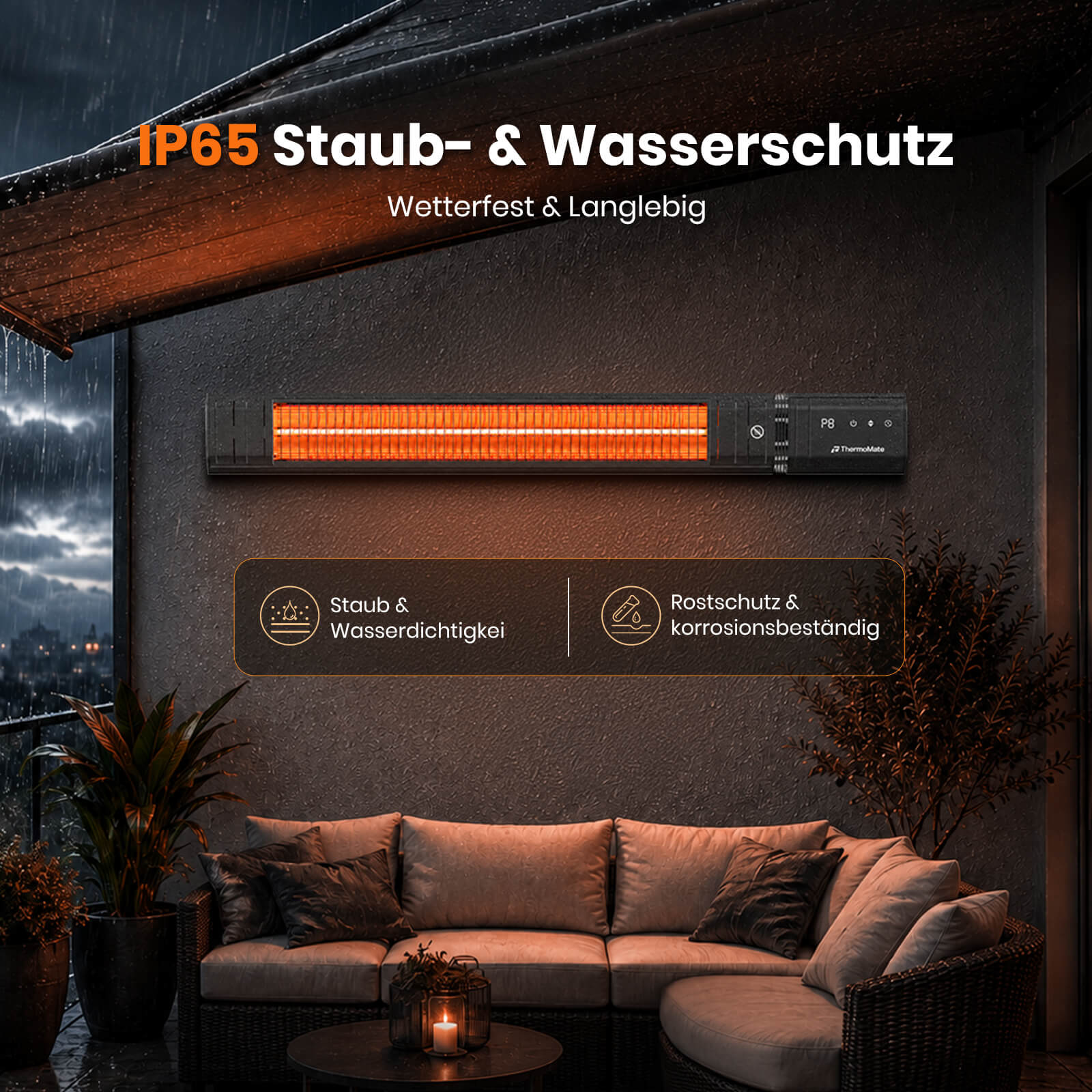 ThermoMate Infrarot Heizstrahler Outdoor mit IP65 Staub- und Wasserschutz für Terrasse und überdachte Außenbereiche