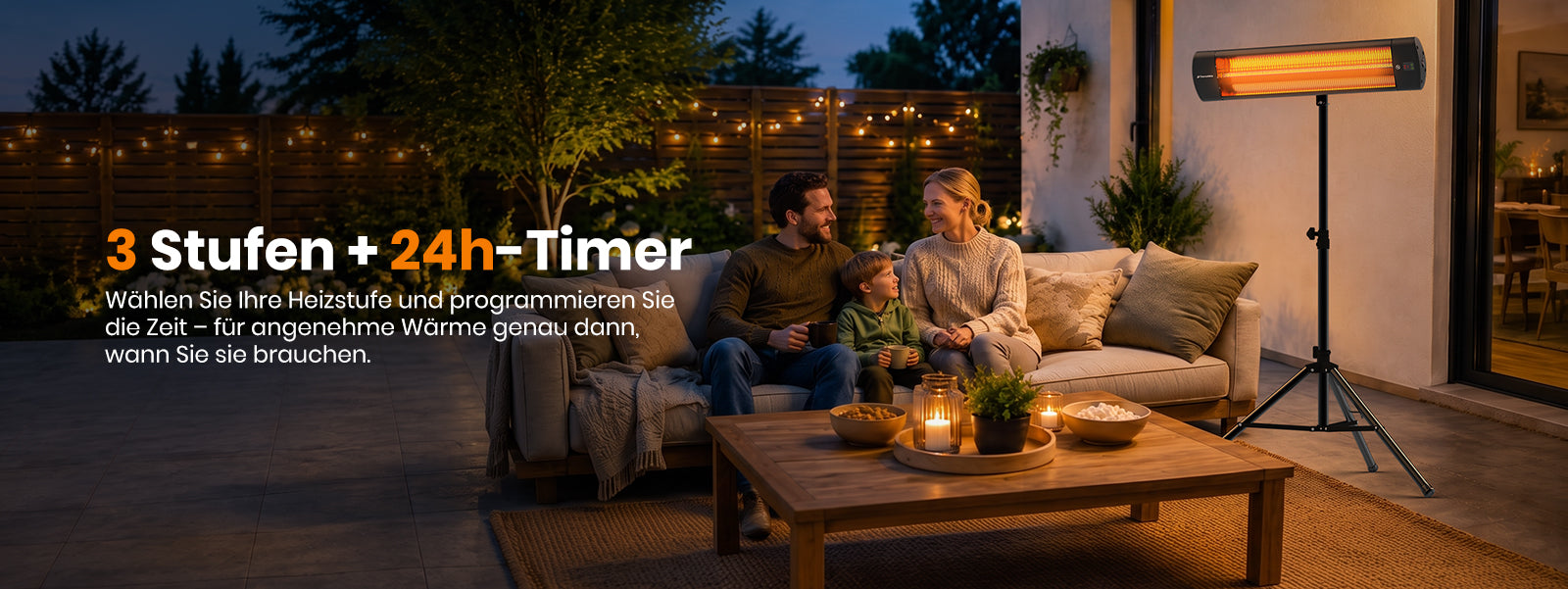 ThermoMate Infrarot Terrassenheizstrahler 2500W mit 3 Heizstufen und 24H-Timer für gemütliche Wärme im Außenbereich