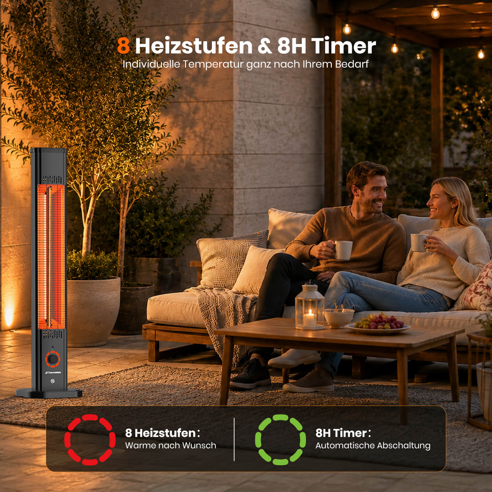 ThermoMate Terrassenheizstrahler mit 8 Heizstufen und 8-Stunden-Timer für individuell einstellbare Infrarotwärme