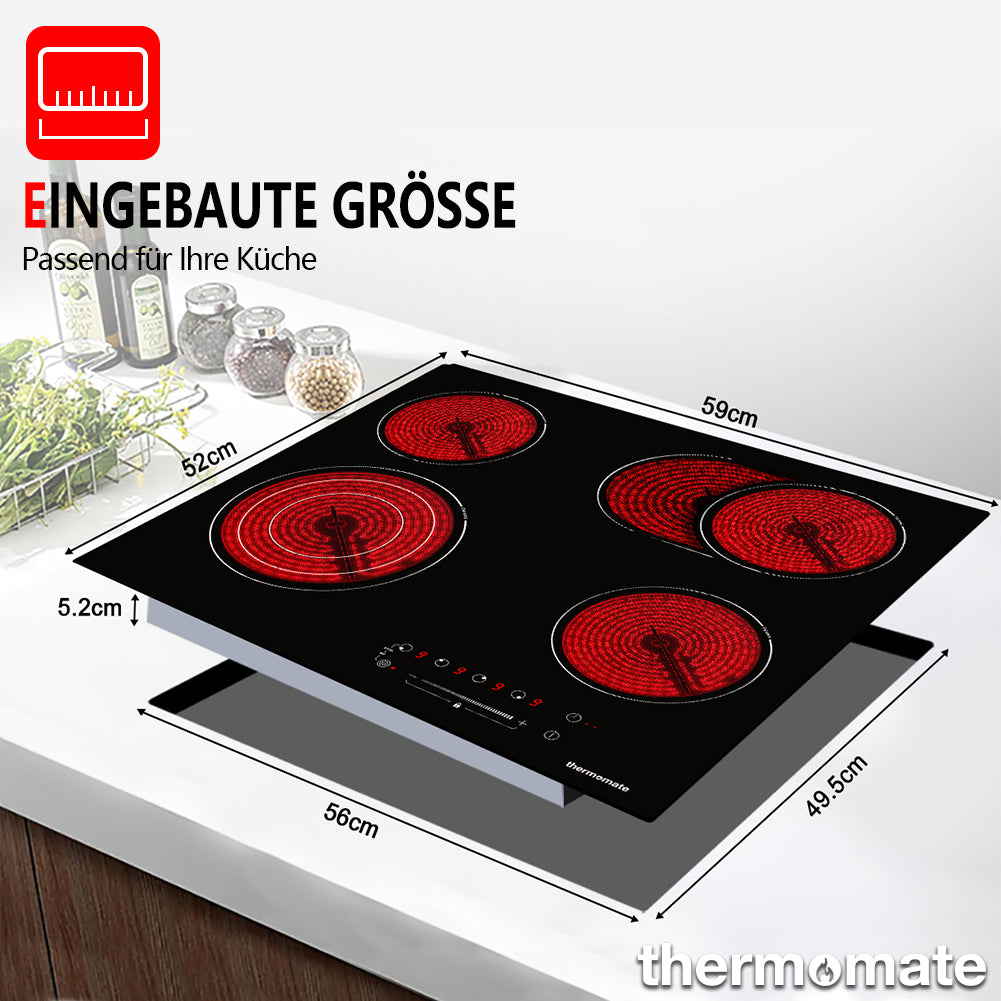Thermomate Glaskeramik-Kochfeld 60cm Autark - 4 Zonen, 6,6kW, Timer & Kindersicherung